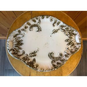 Antique White Milk Glass Dresser Vanity Tray w Painted Embossed Gold Paint (5060